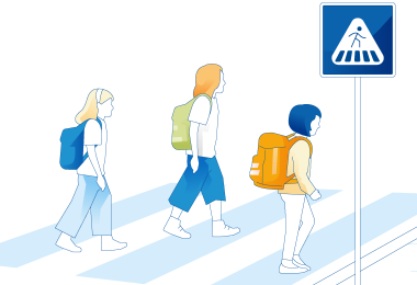 Die Illustration zeigt Kinder, die eine Straße überqueren. 