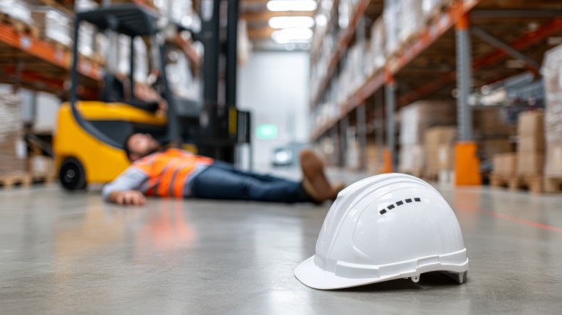 Weißer Schutzhelm im Vordergrund auf dem Boden einer Lagerhalle, im Hintergrund liegt eine Person nach einem Arbeitsunfall neben einem Gabelstapler. (Bild: Elena - stock.adobe.com)