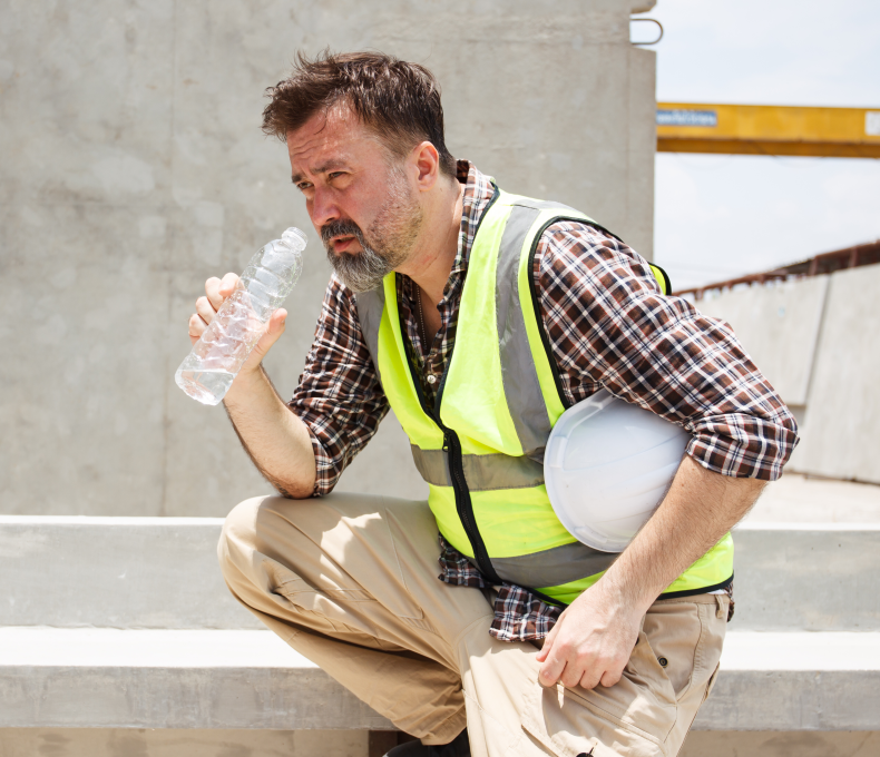 Ein Bauarbeiter mit Warnweste und kariertem Hemd hockt auf einer Baustelle in der Sonne. Er hält einen weißen Schutzhelm unter dem Arm und trinkt aus einer Wasserflasche. Sein Gesicht wirkt angestrengt, die Umgebung besteht aus Betonflächen und Rohbauelementen. (Bild: DG PhotoStock / stock.adobe.com)