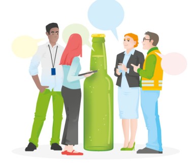 Eine Illustration zeigt eine Gruppe von Menschen, die um eine Bierflasche herumstehen und sprechen. Quelle: DGUV/KonzeptQuartier